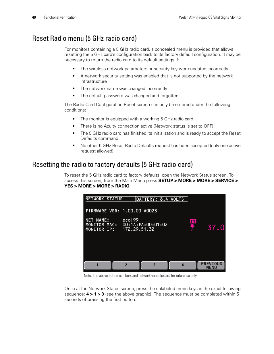 Reset radio menu (5 ghz radio card) | Welch Allyn PROPAQ CS User Manual | Page 44 / 142