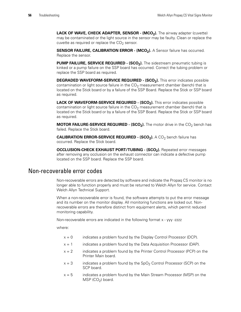 Non-recoverable error codes | Welch Allyn PROPAQ CS User Manual | Page 60 / 142