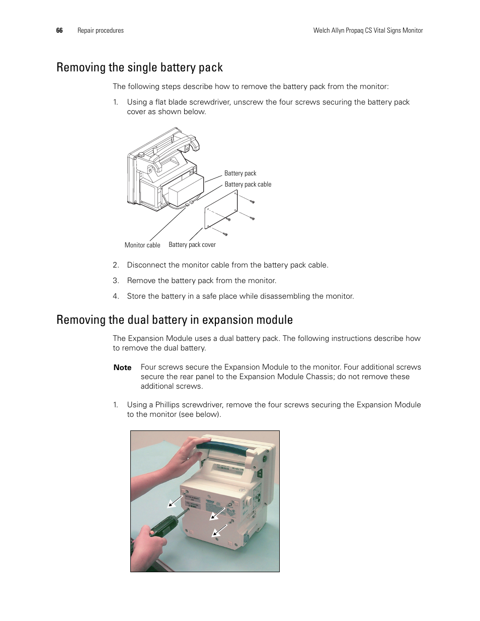 Removing the dual battery, In expansion module, Removing the single battery pack | Removing the dual battery in expansion module | Welch Allyn PROPAQ CS User Manual | Page 70 / 142