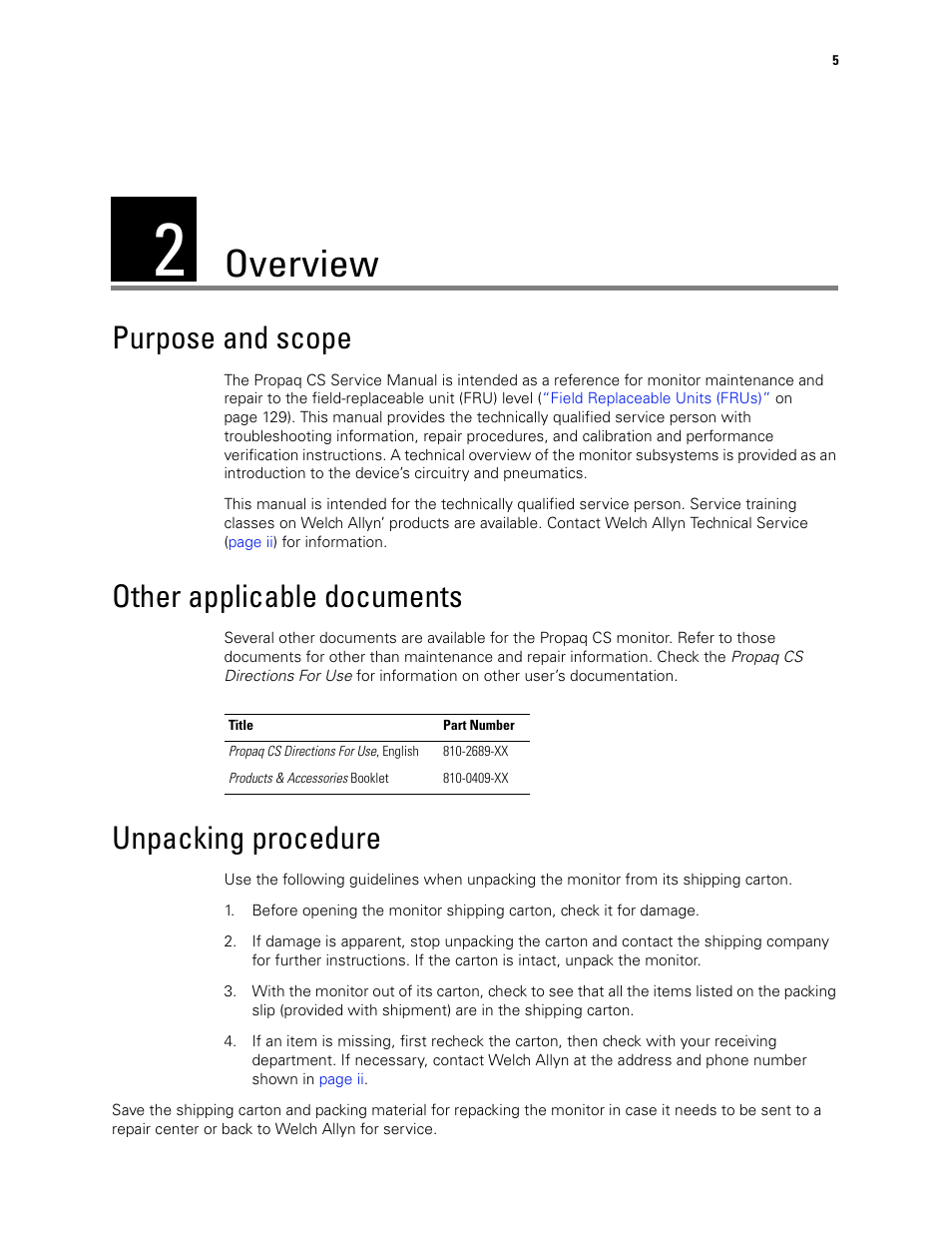 Overview, Purpose and scope, Other applicable documents | Unpacking procedure, 2 - overview | Welch Allyn PROPAQ CS User Manual | Page 9 / 142