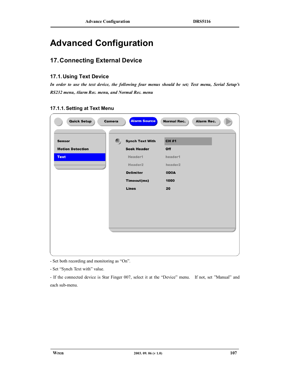 Advanced configuration, Connecting external device | Wren Associates DRS5016 User Manual | Page 107 / 112