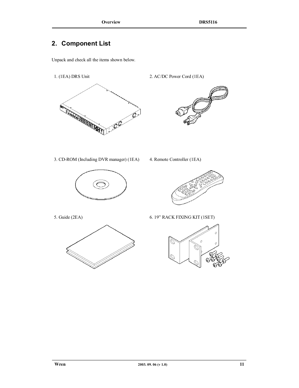 Component list | Wren Associates DRS5016 User Manual | Page 11 / 112