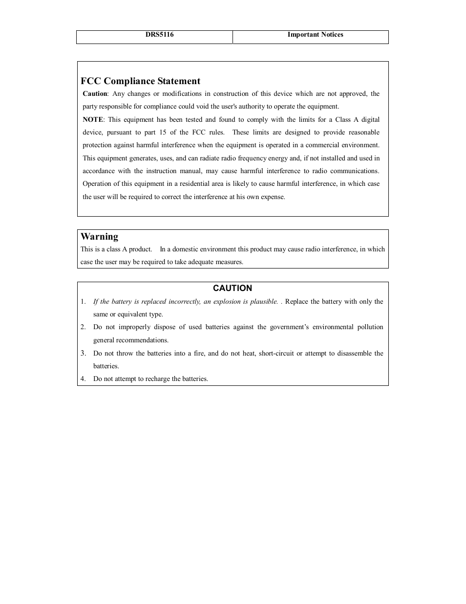 Fcc compliance statement, Warning | Wren Associates DRS5016 User Manual | Page 2 / 112