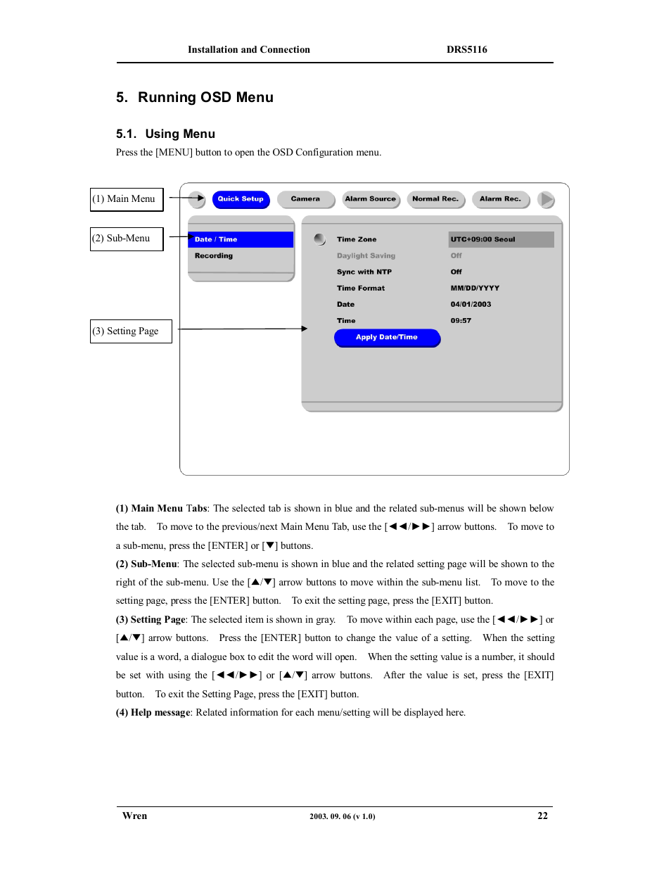 Running osd menu | Wren Associates DRS5016 User Manual | Page 22 / 112