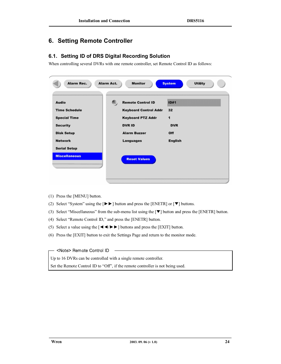 Setting remote controller | Wren Associates DRS5016 User Manual | Page 24 / 112