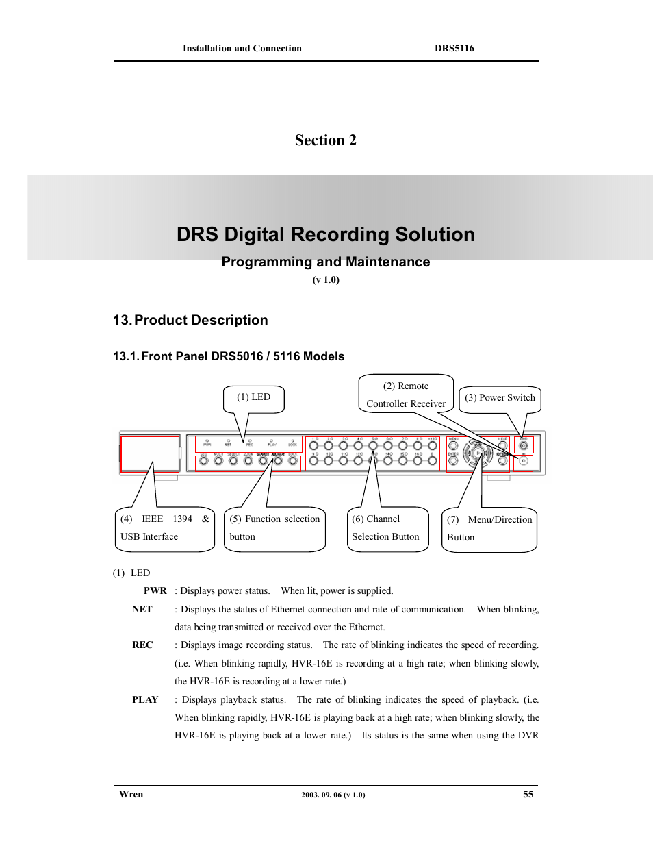 Drs digital recording solution, Product description, Programming and maintenance | Wren Associates DRS5016 User Manual | Page 55 / 112