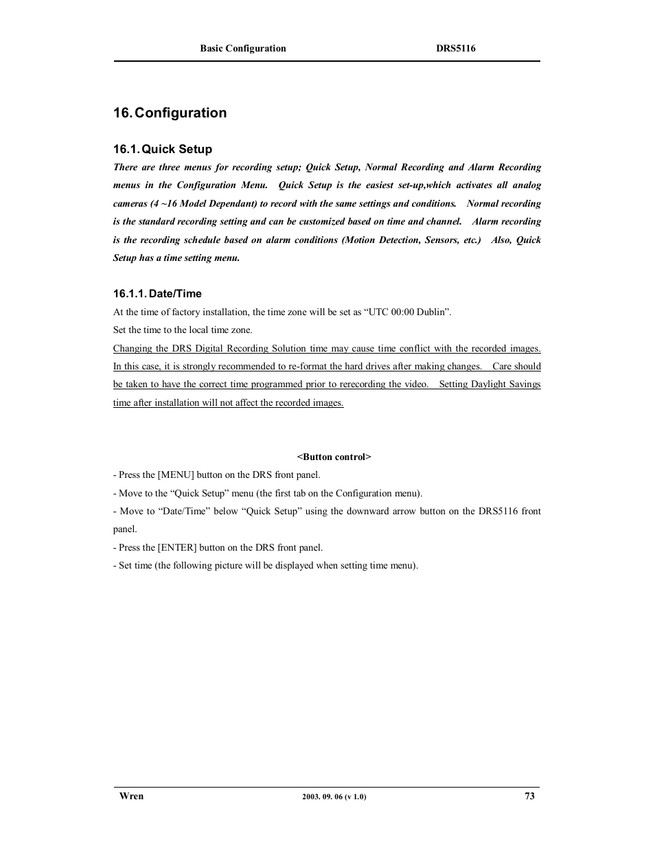 Configuration | Wren Associates DRS5016 User Manual | Page 73 / 112