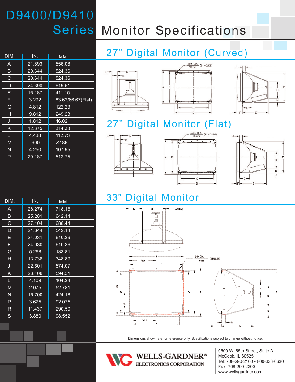 Monitor specifications, 27” digital monitor (curved), 33” digital monitor | 27” digital monitor (flat) | Wells-Gardner D9410 User Manual | Page 2 / 2