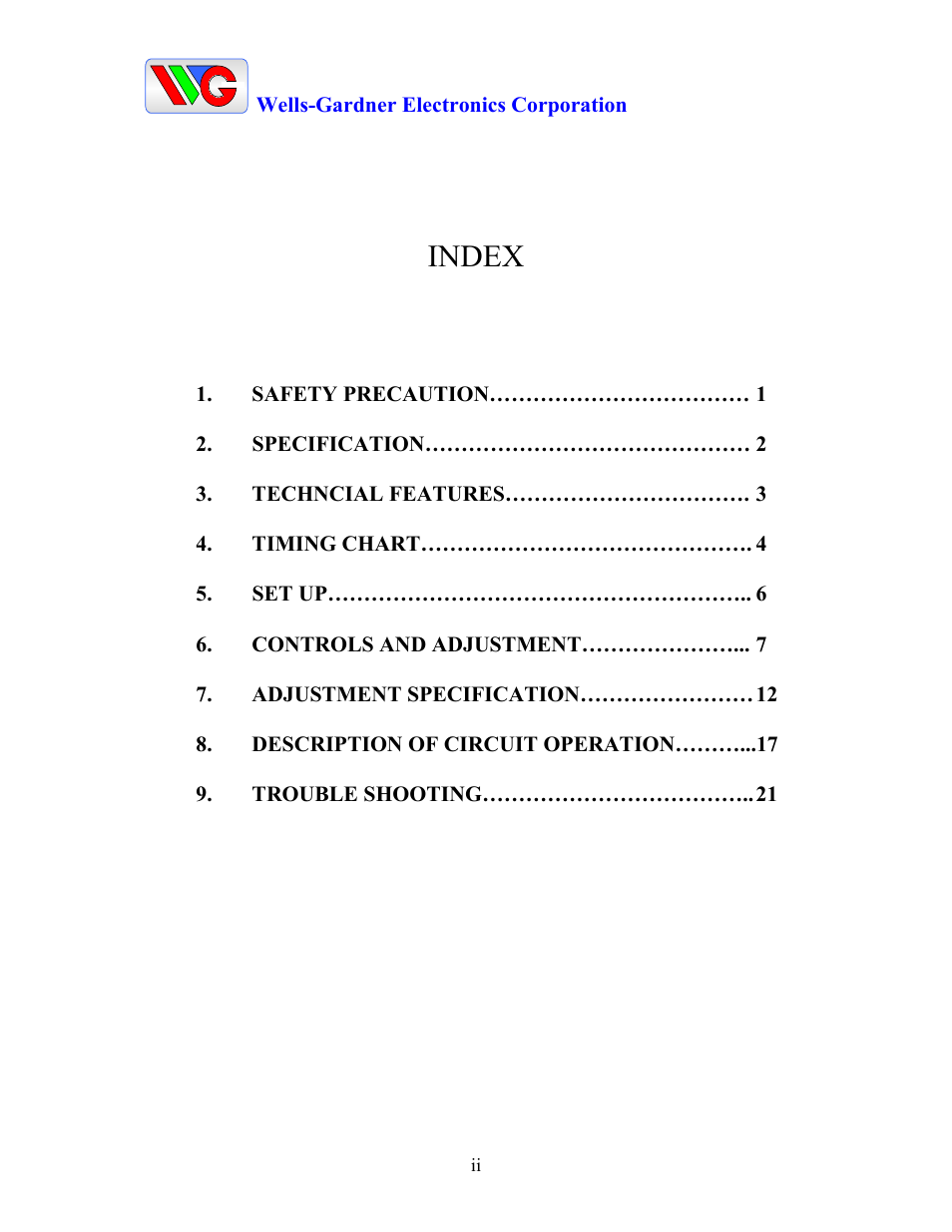 Index | Wells-Gardner D9300 Series User Manual | Page 2 / 28
