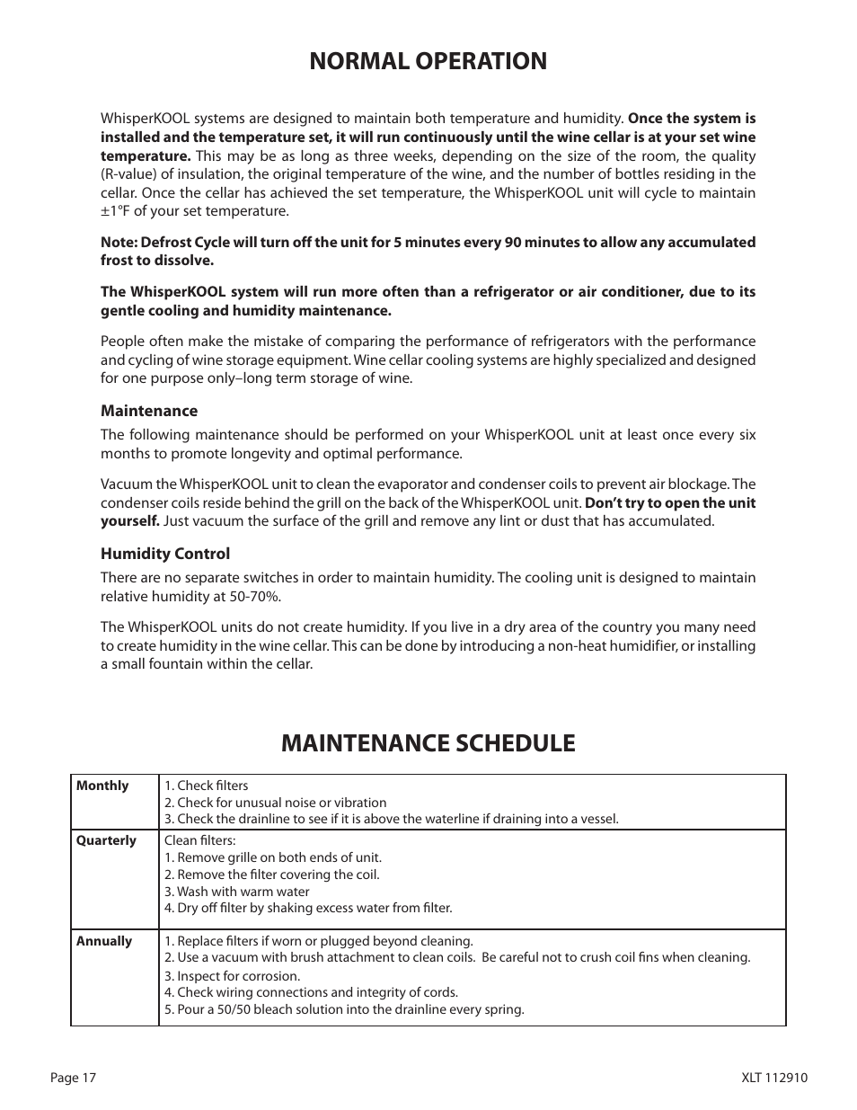 Normal operation, Maintenance schedule | WhisperKool XLT 6000 User Manual | Page 19 / 36