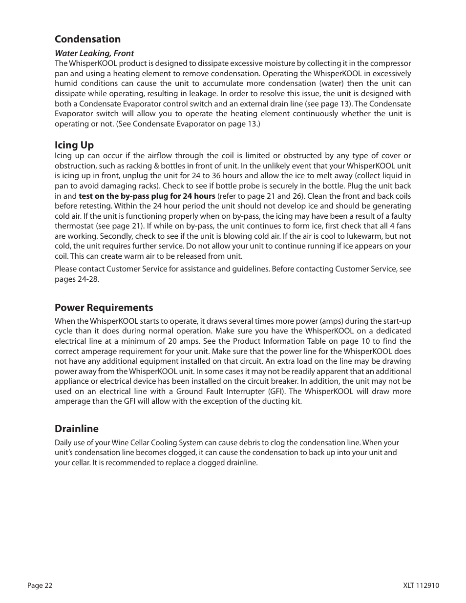 Condensation, Icing up, Power requirements | Drainline | WhisperKool XLT 6000 User Manual | Page 24 / 36