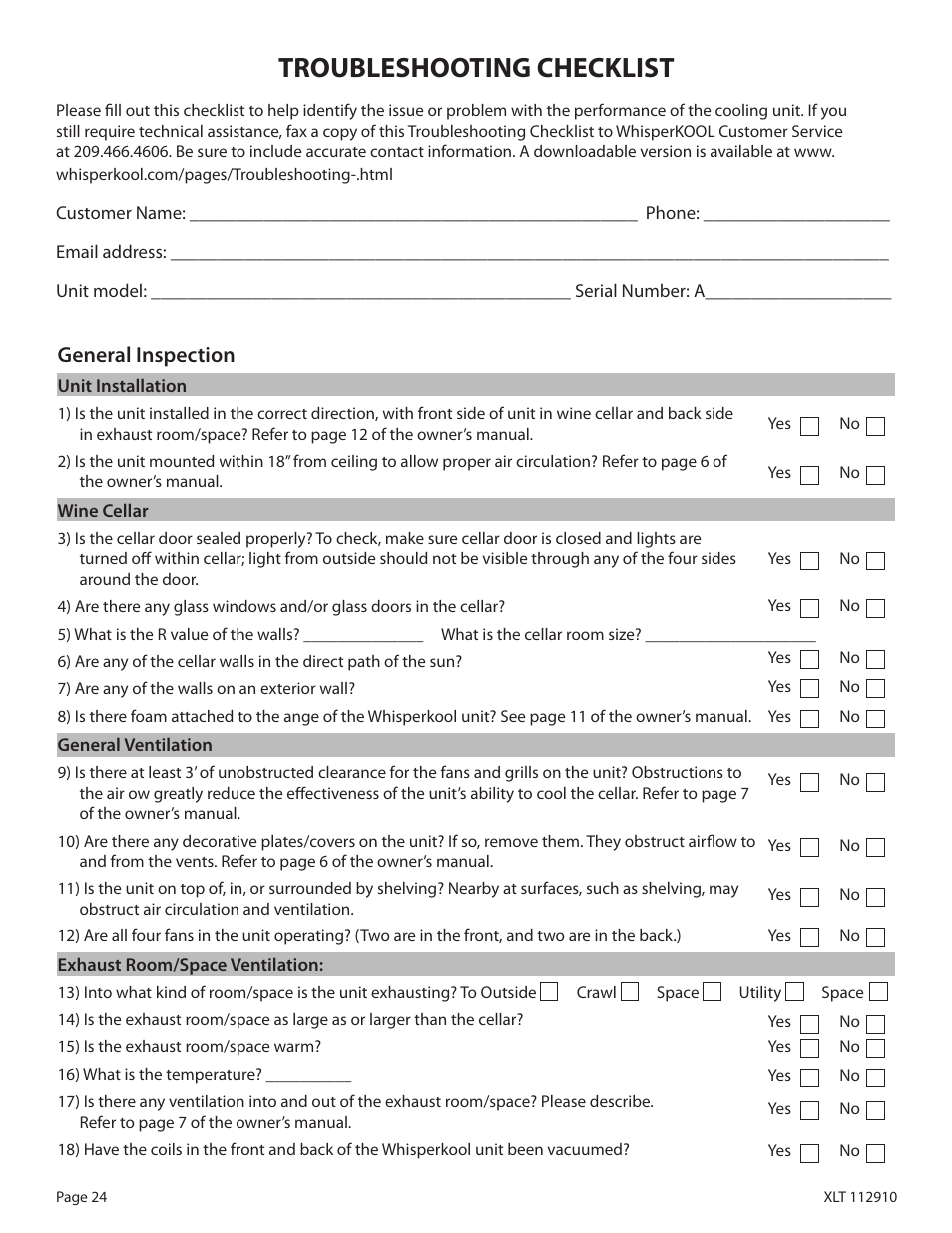 Troubleshooting checklist, General inspection | WhisperKool XLT 6000 User Manual | Page 26 / 36