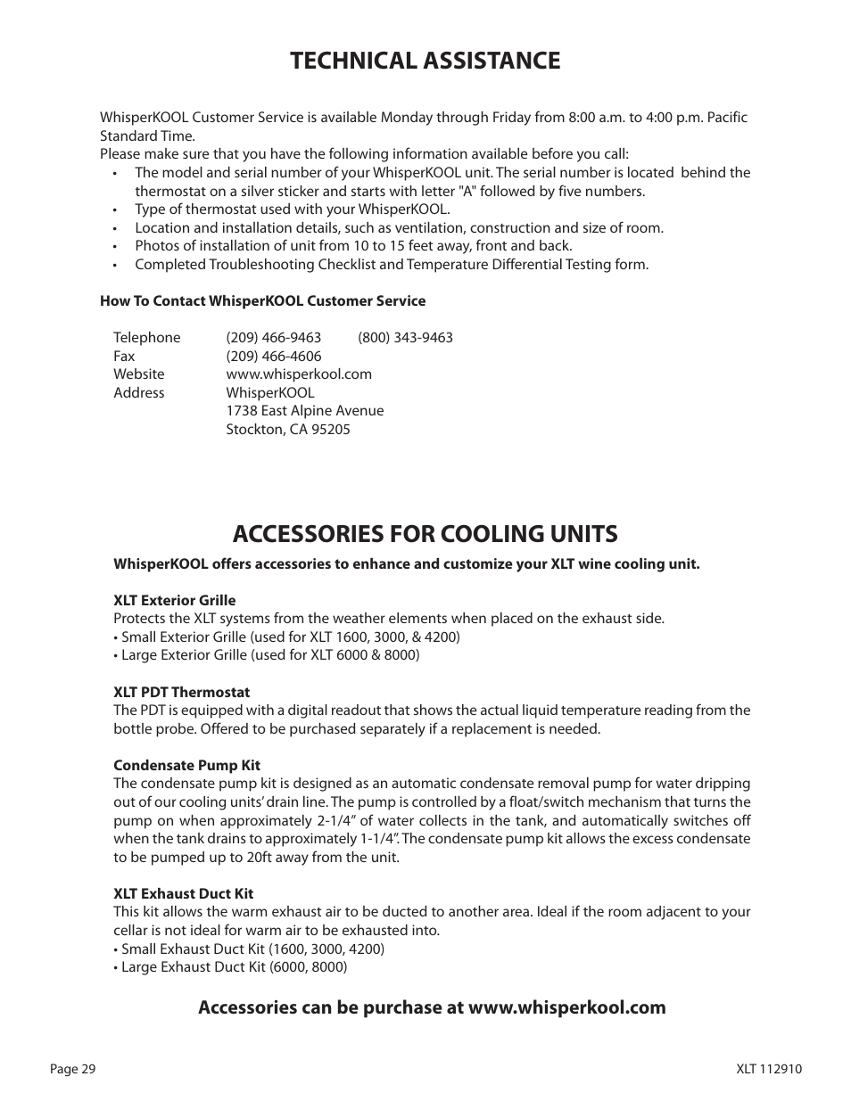 Technical assistance accessories for cooling units | WhisperKool XLT 6000 User Manual | Page 31 / 36