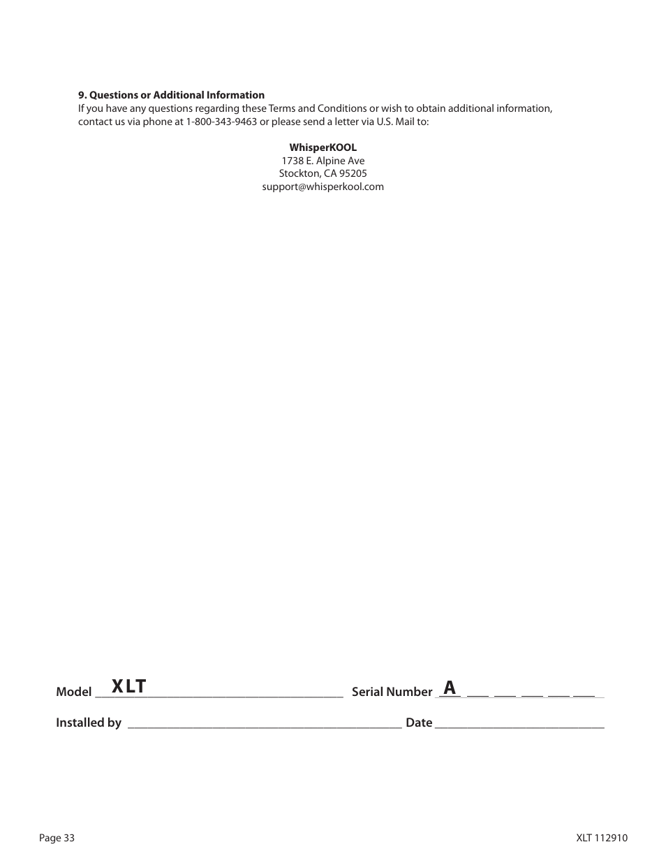 Xlt a | WhisperKool XLT 6000 User Manual | Page 35 / 36