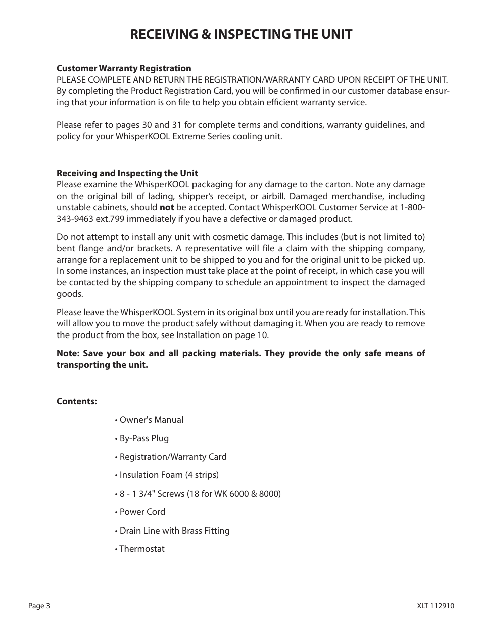 Receiving & inspecting the unit | WhisperKool XLT 6000 User Manual | Page 5 / 36