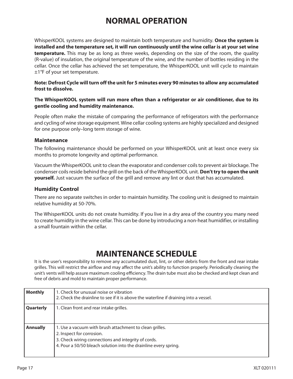 Normal operation, Maintenance schedule | WhisperKool XLT SERIES XLT 6000 User Manual | Page 19 / 36