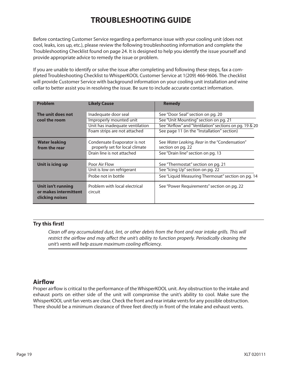 Troubleshooting guide, Airflow | WhisperKool XLT SERIES XLT 6000 User Manual | Page 21 / 36