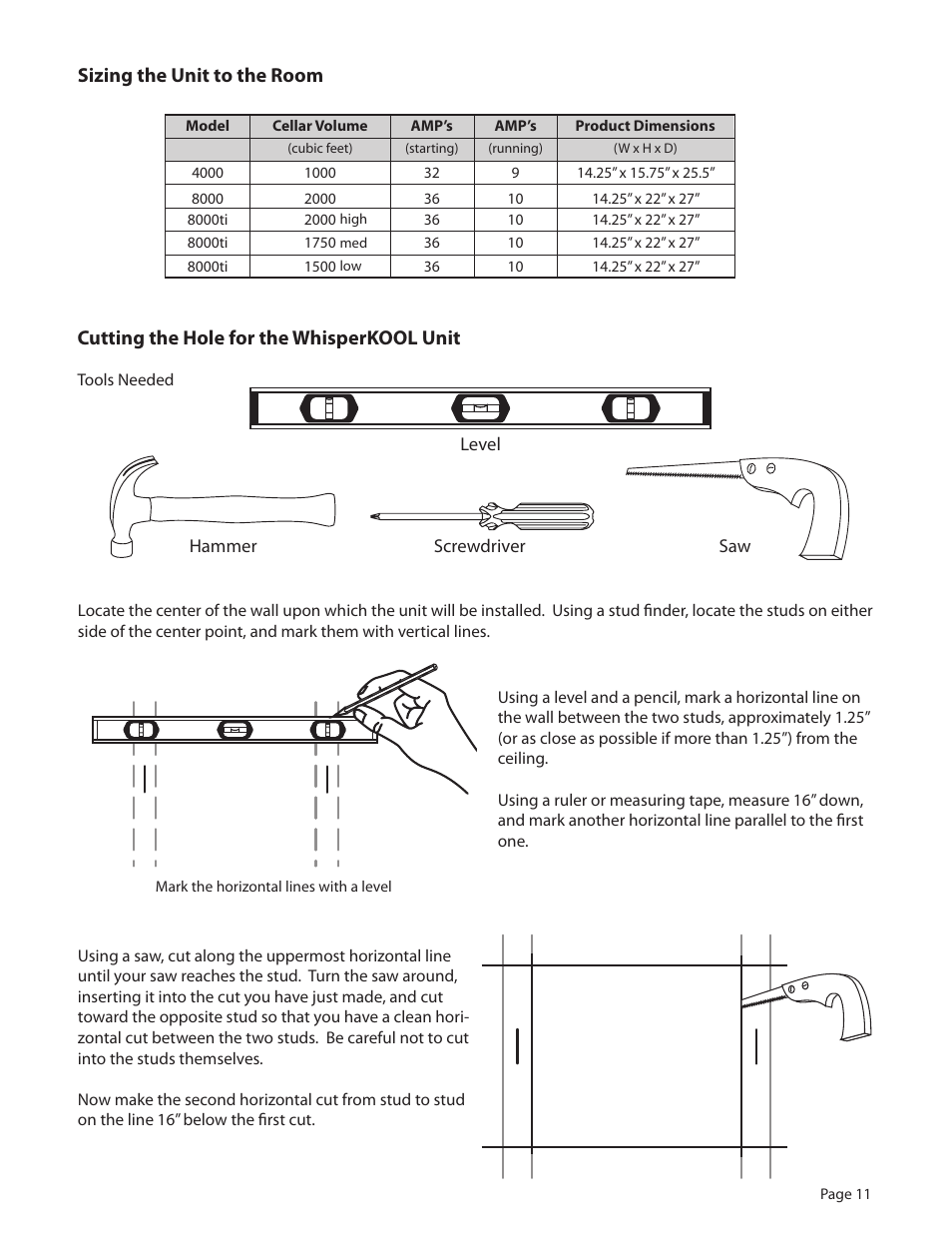 Cutting the hole for the whisperkool unit, Sizing the unit to the room | WhisperKool Extreme 8000 User Manual | Page 11 / 38