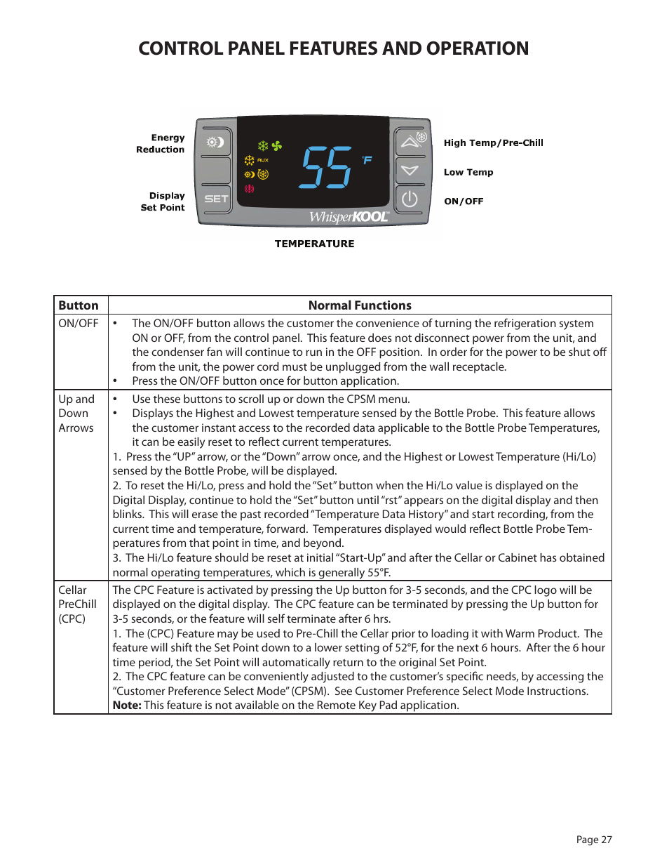 Control panel features and operation | WhisperKool Extreme 8000 User Manual | Page 27 / 38