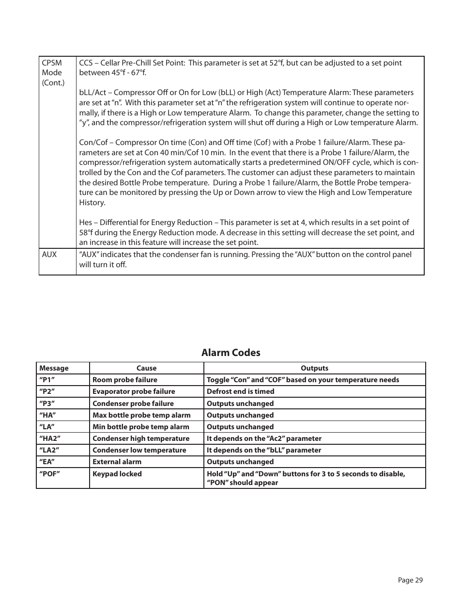 Alarm codes | WhisperKool Extreme 8000 User Manual | Page 29 / 38