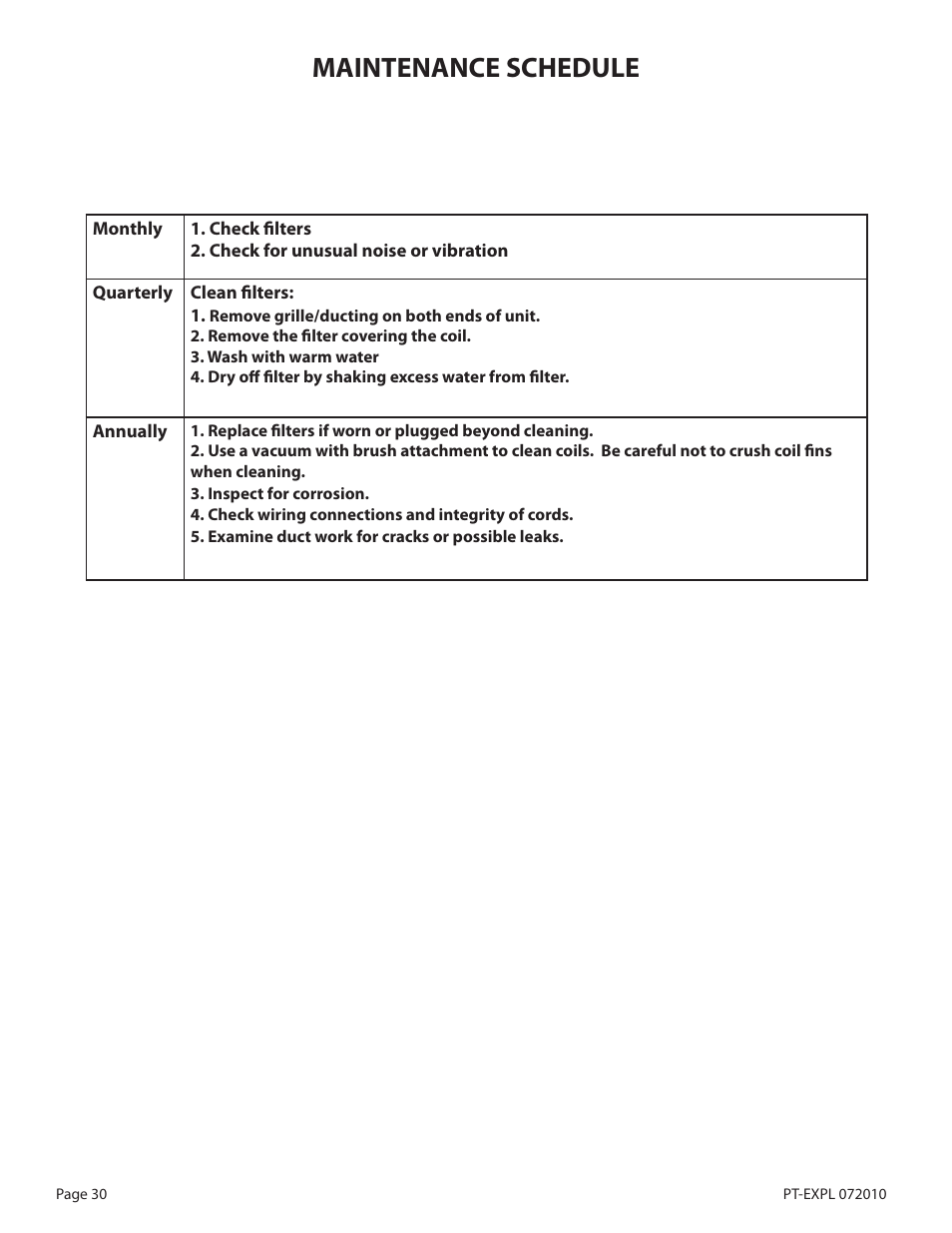 Maintenance schedule | WhisperKool Extreme 8000 User Manual | Page 30 / 38