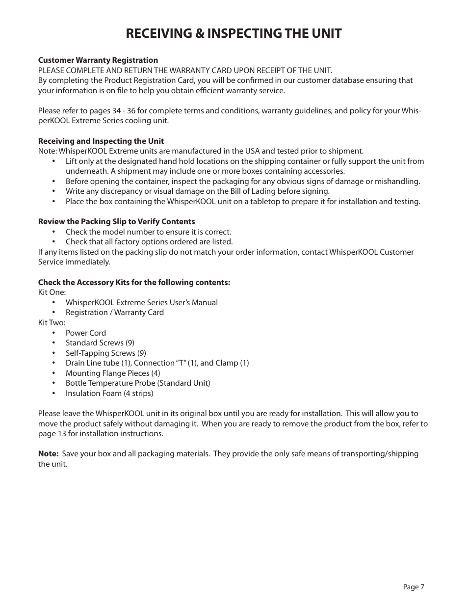Receiving & inspecting the unit | WhisperKool Extreme 8000 User Manual | Page 7 / 38