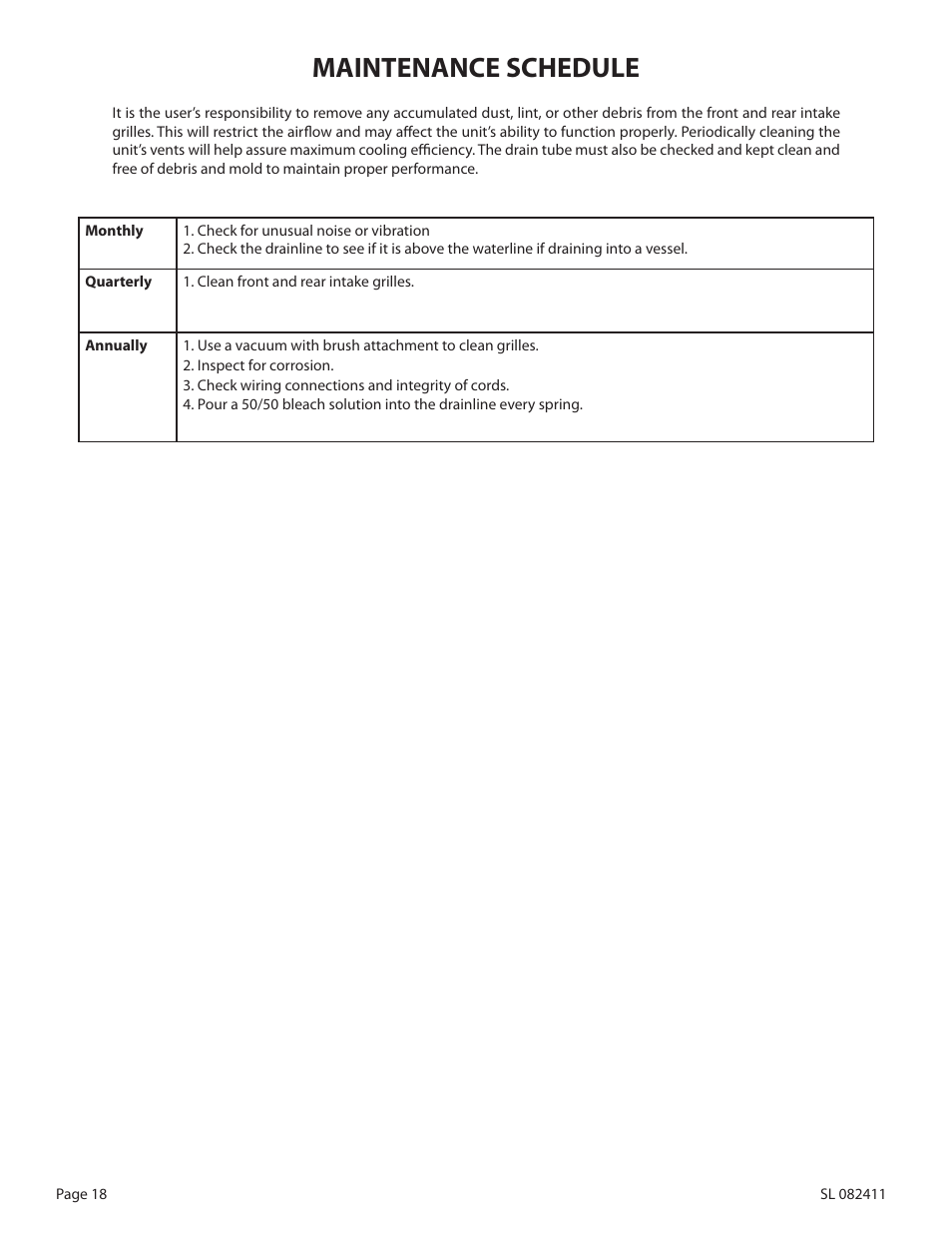 Maintenance schedule | WhisperKool 2500 User Manual | Page 20 / 28