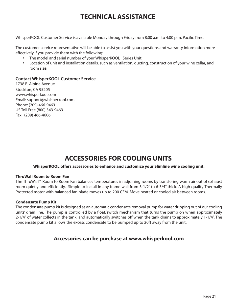 Technical assistance, Accessories for cooling units | WhisperKool 2500 User Manual | Page 23 / 28