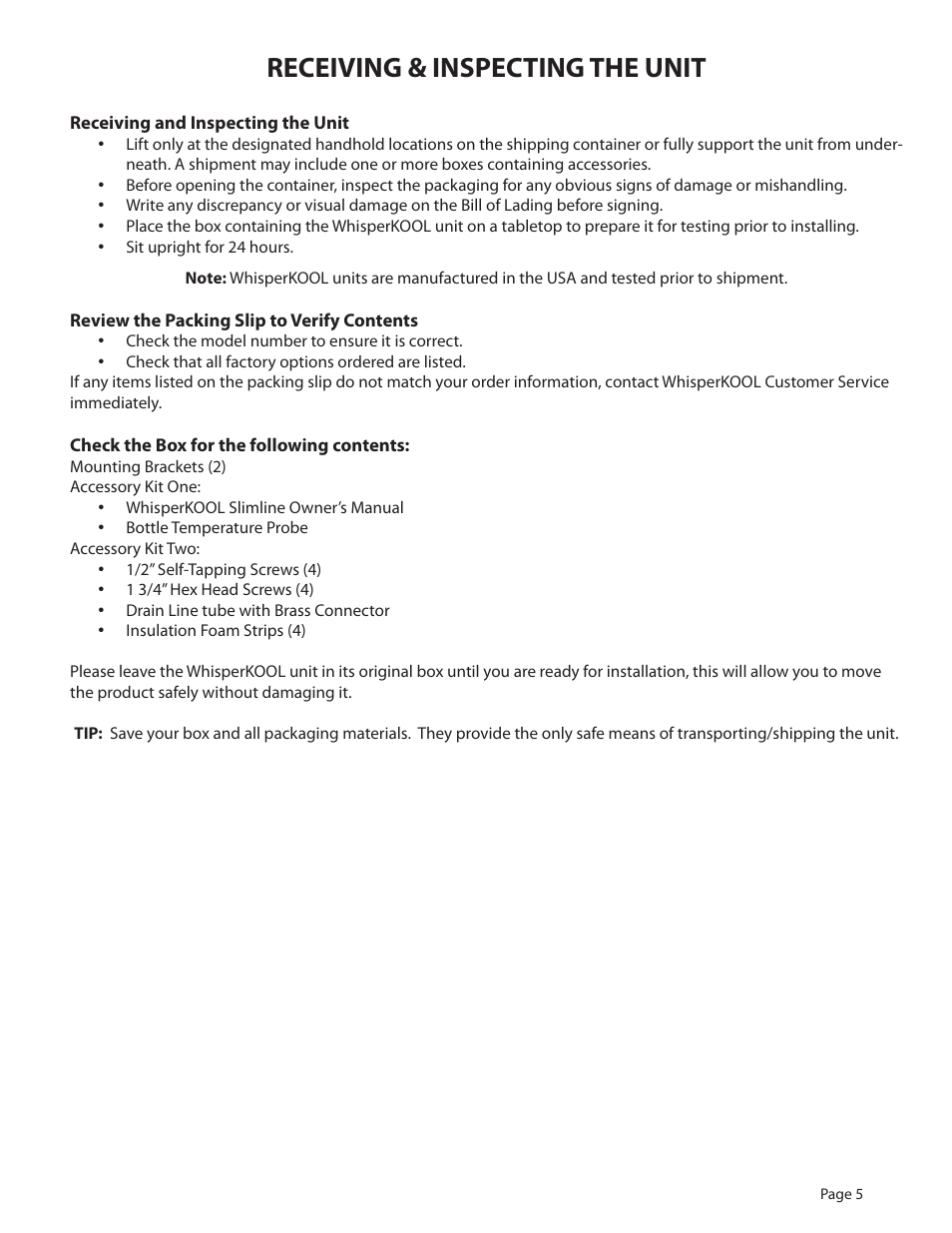 Receiving & inspecting the unit | WhisperKool 2500 User Manual | Page 7 / 28