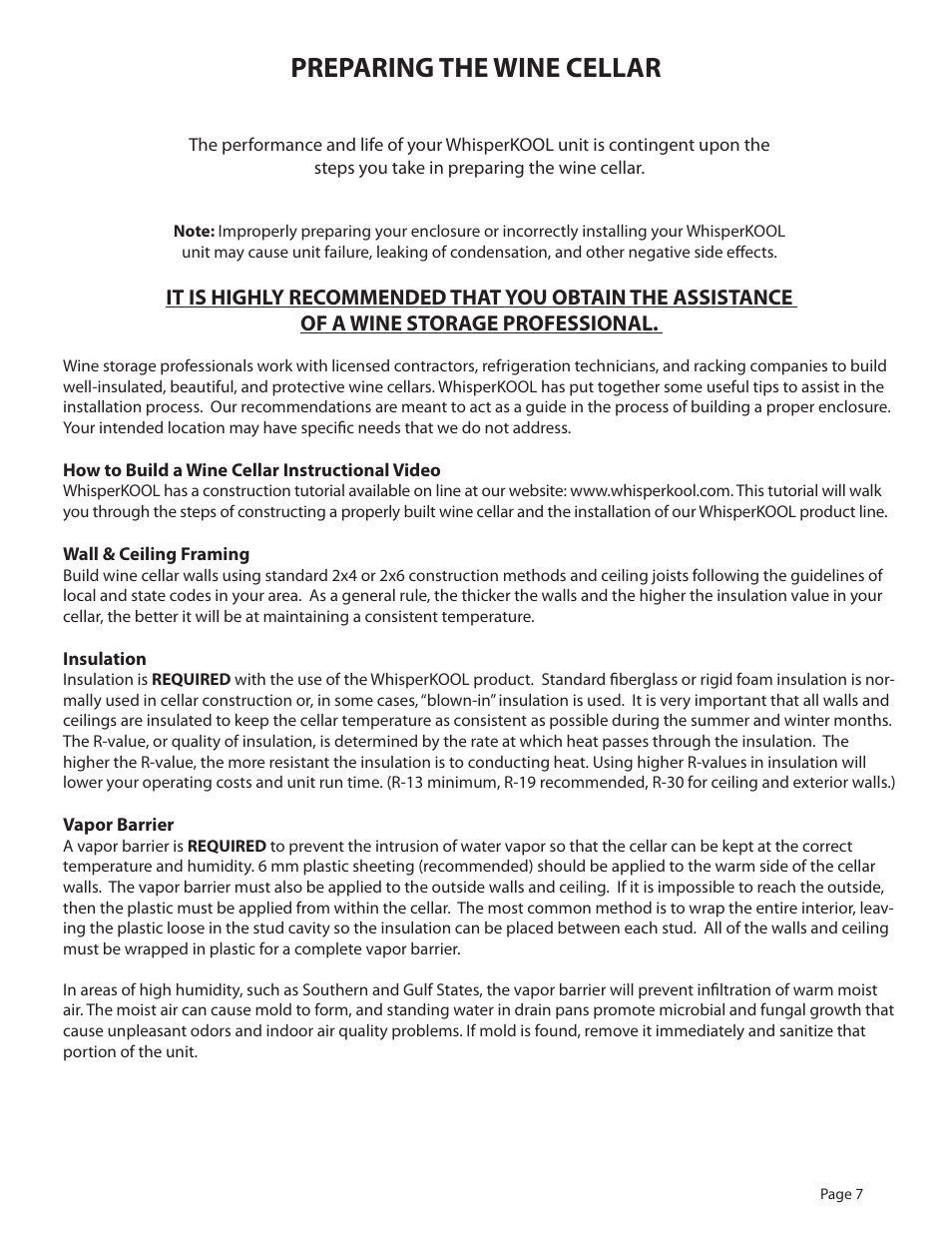 Preparing the wine cellar | WhisperKool 2500 User Manual | Page 9 / 28