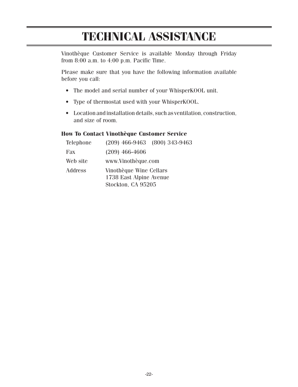 Technical assistance | WhisperKool SS7000 User Manual | Page 22 / 36