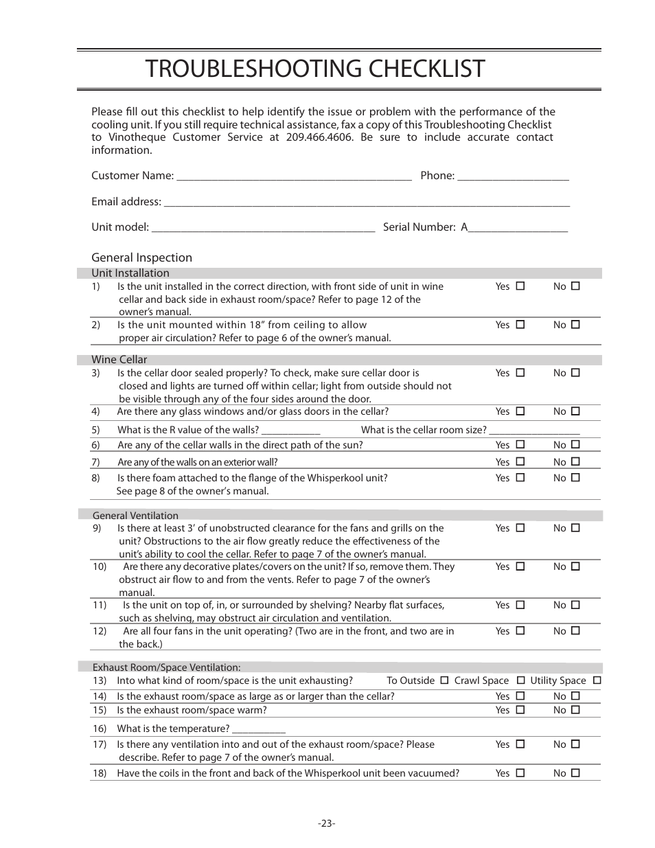 Troubleshooting checklist | WhisperKool 17-1103 User Manual | Page 25 / 36