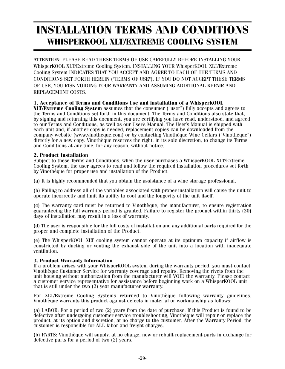 Installation terms and conditions, Whisperkool xlt/extreme cooling system | WhisperKool 17-1103 User Manual | Page 31 / 36