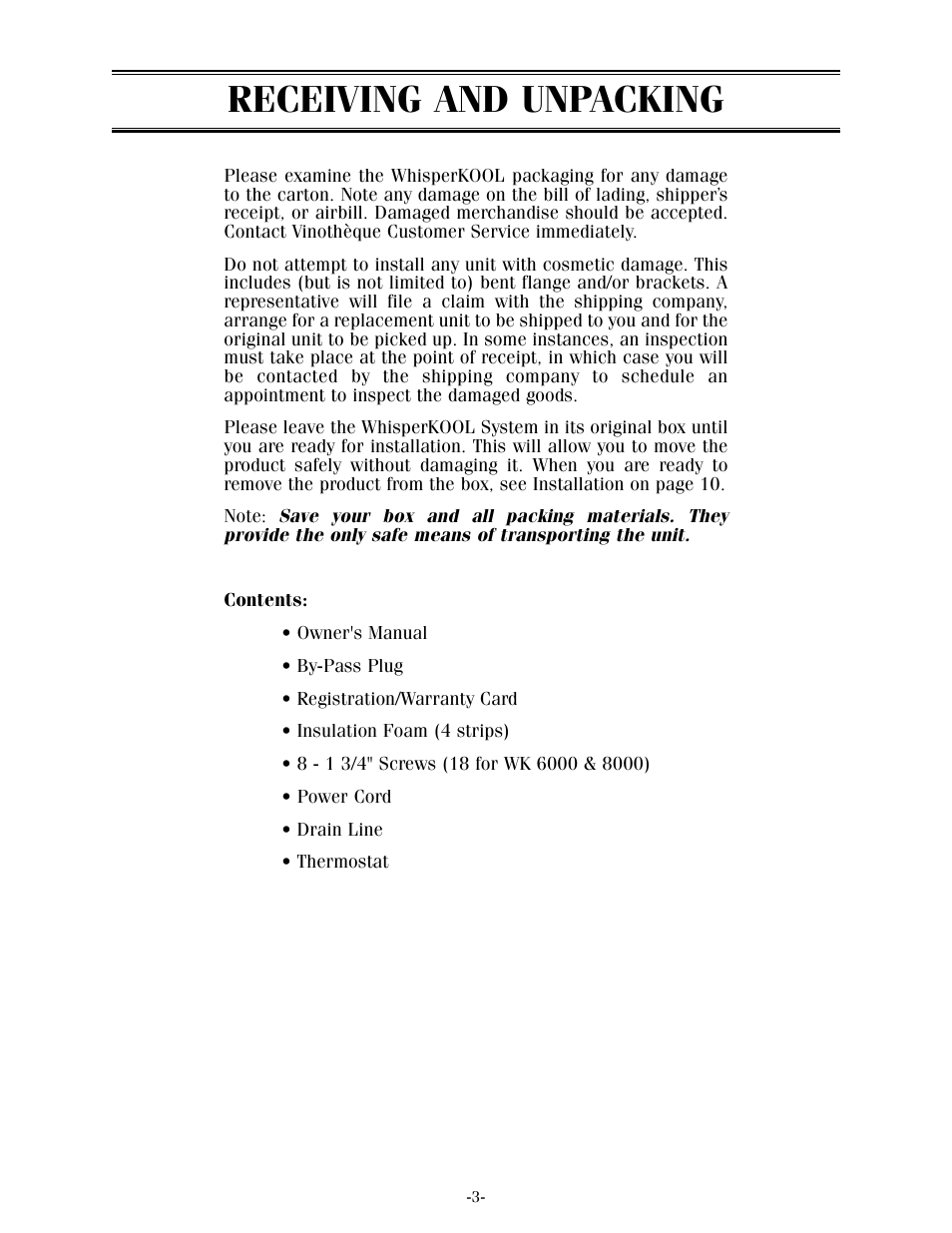 Receiving and unpacking | WhisperKool 17-1103 User Manual | Page 5 / 36