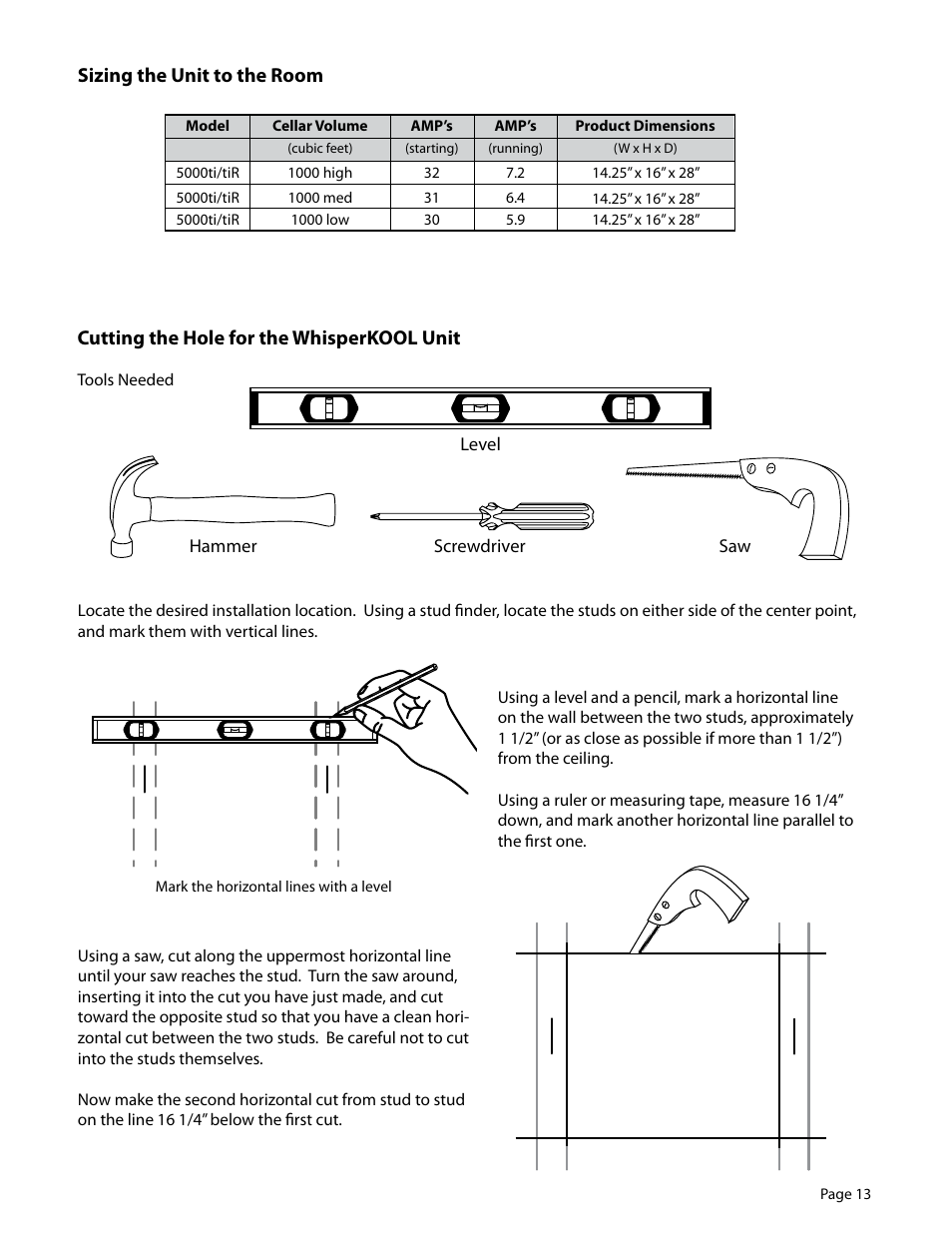 Cutting the hole for the whisperkool unit, Sizing the unit to the room | WhisperKool EXTREME 5000TIR User Manual | Page 13 / 42