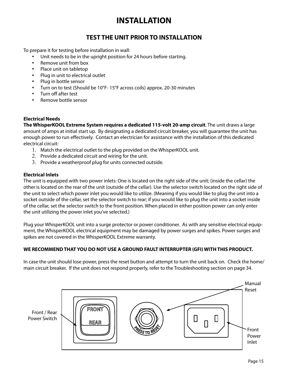 Installation, Test the unit prior to installation | WhisperKool EXTREME 5000TIR User Manual | Page 15 / 42