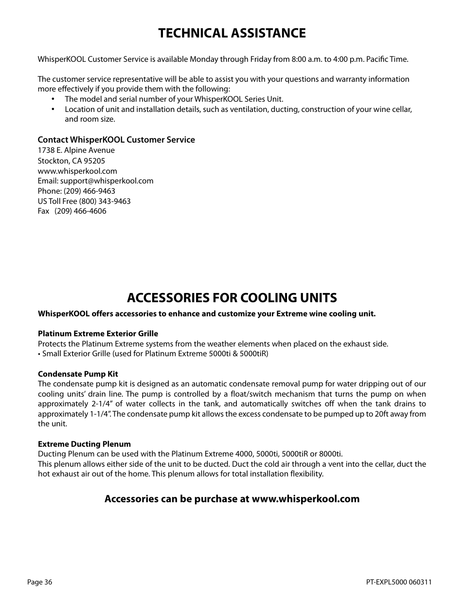 Technical assistance, Accessories for cooling units | WhisperKool EXTREME 5000TIR User Manual | Page 36 / 42