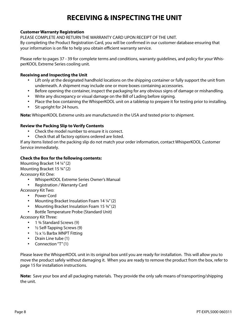 Receiving & inspecting the unit | WhisperKool EXTREME 5000TIR User Manual | Page 8 / 42