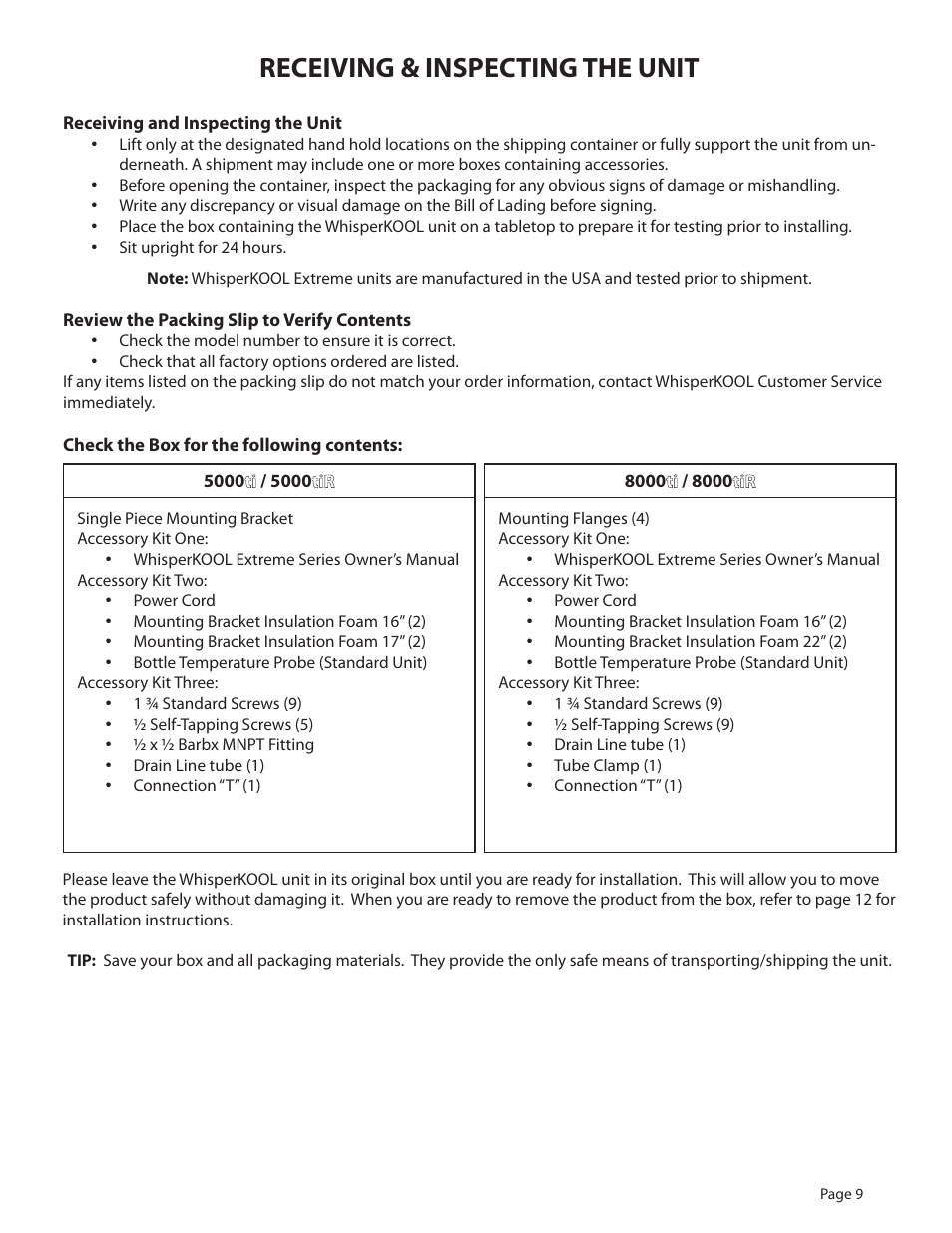 Receiving & inspecting the unit | WhisperKool 5000 User Manual | Page 11 / 50