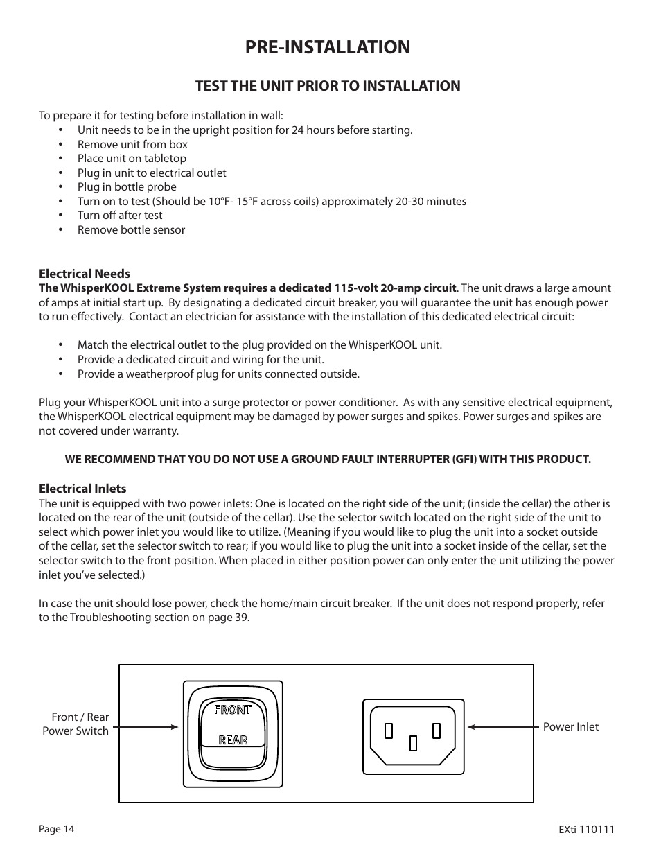 Pre-installation, Test the unit prior to installation | WhisperKool 5000 User Manual | Page 16 / 50