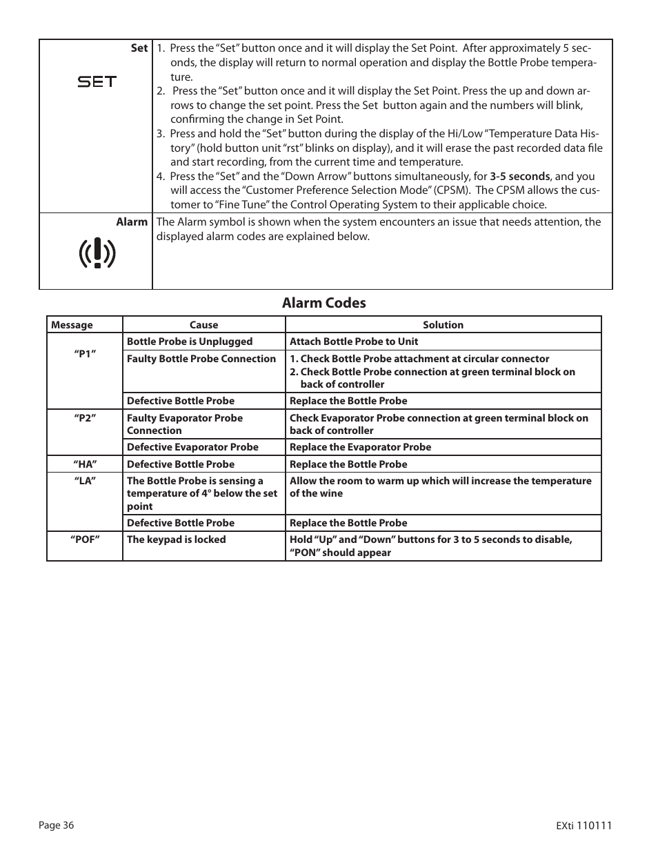 Alarm codes | WhisperKool 5000 User Manual | Page 38 / 50