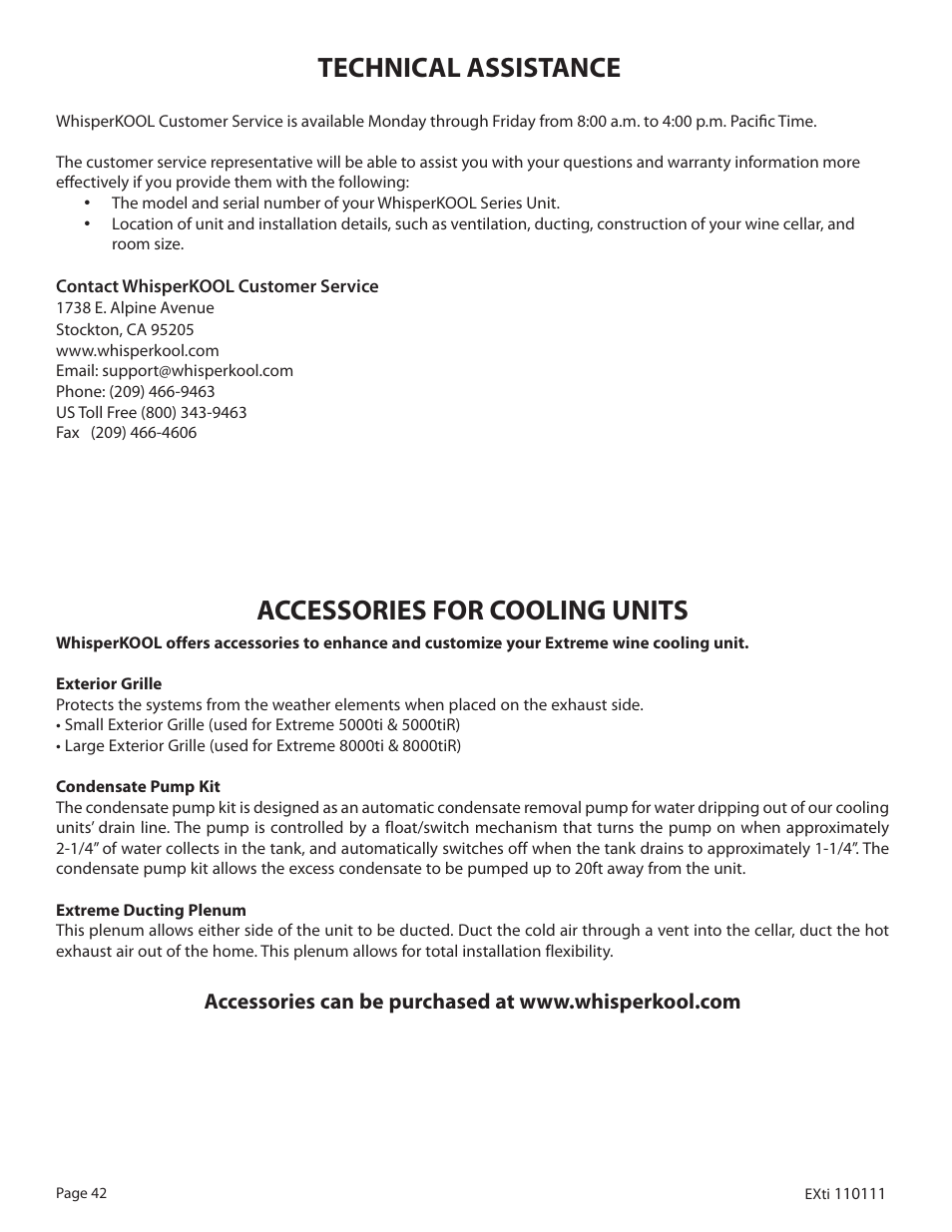 Technical assistance, Accessories for cooling units | WhisperKool 5000 User Manual | Page 44 / 50