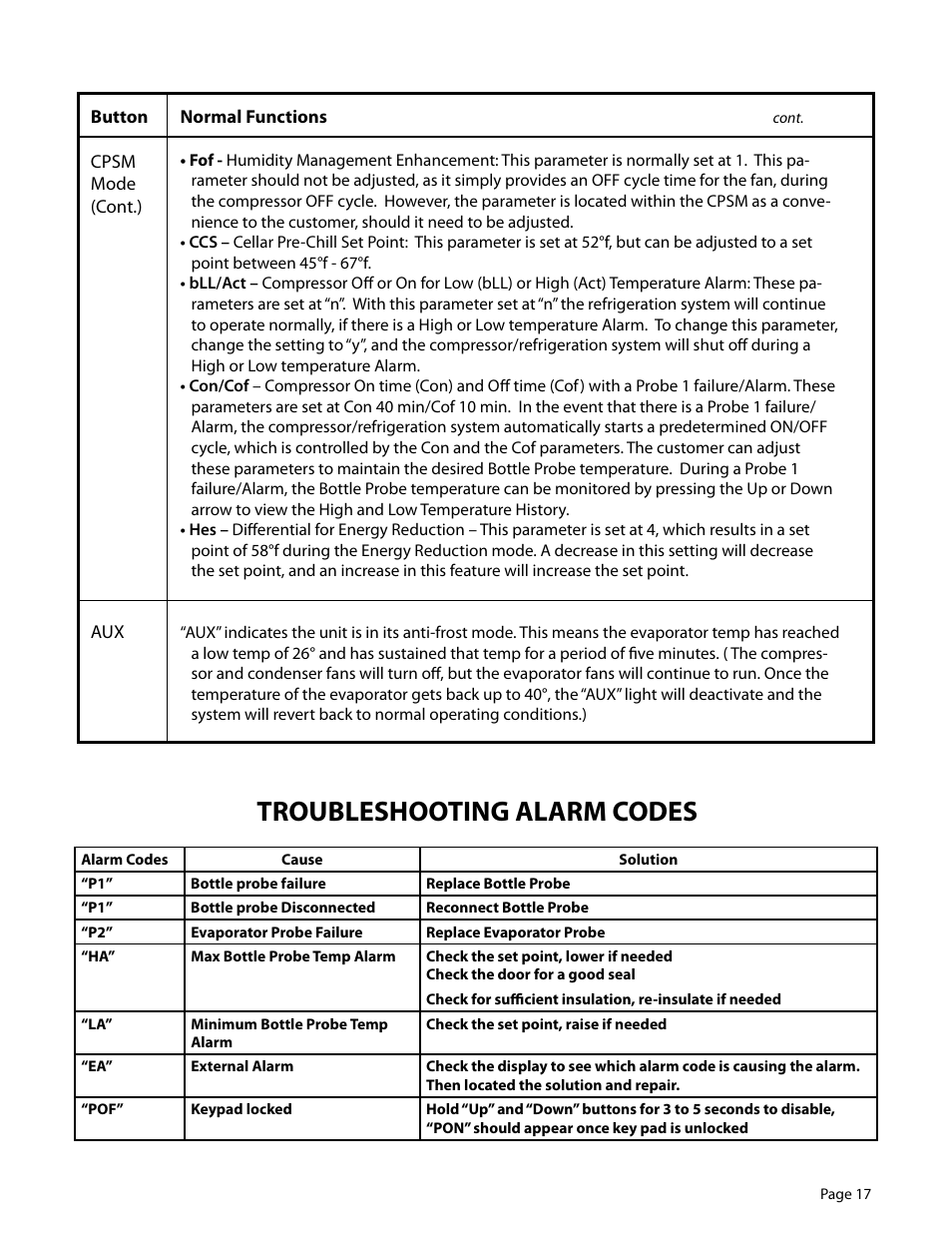 Troubleshooting alarm codes | WhisperKool Slimline 2500 User Manual | Page 17 / 26