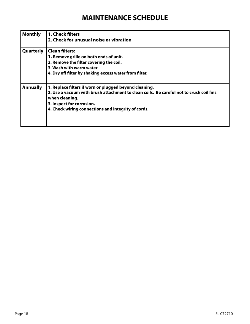 Maintenance schedule | WhisperKool Slimline 2500 User Manual | Page 18 / 26