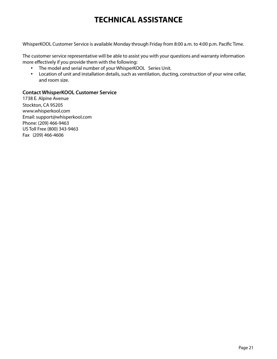 Technical assistance | WhisperKool Slimline 2500 User Manual | Page 21 / 26