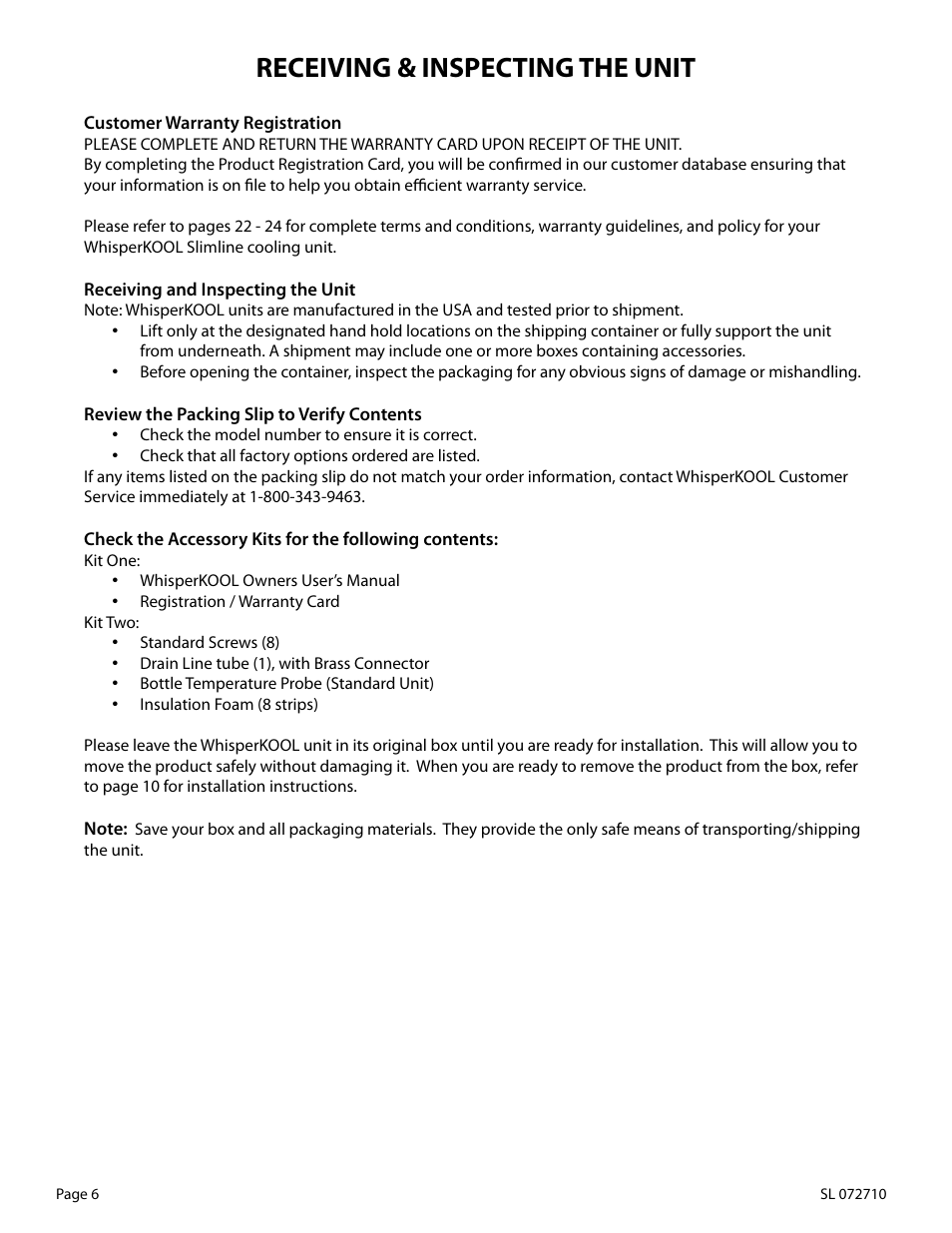 Receiving & inspecting the unit | WhisperKool Slimline 2500 User Manual | Page 6 / 26