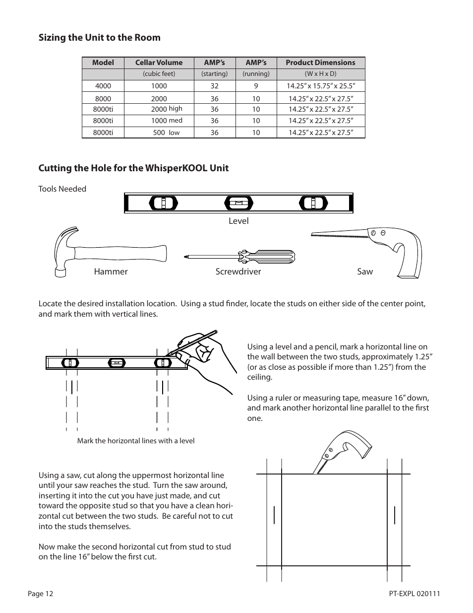Cutting the hole for the whisperkool unit, Sizing the unit to the room | WhisperKool PLATINUM 8000 User Manual | Page 12 / 39