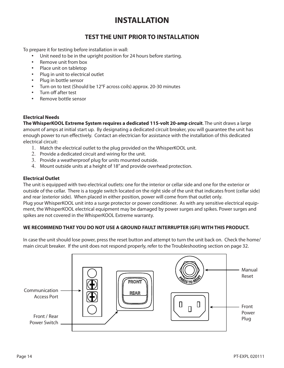 Installation, Test the unit prior to installation | WhisperKool PLATINUM 8000 User Manual | Page 14 / 39