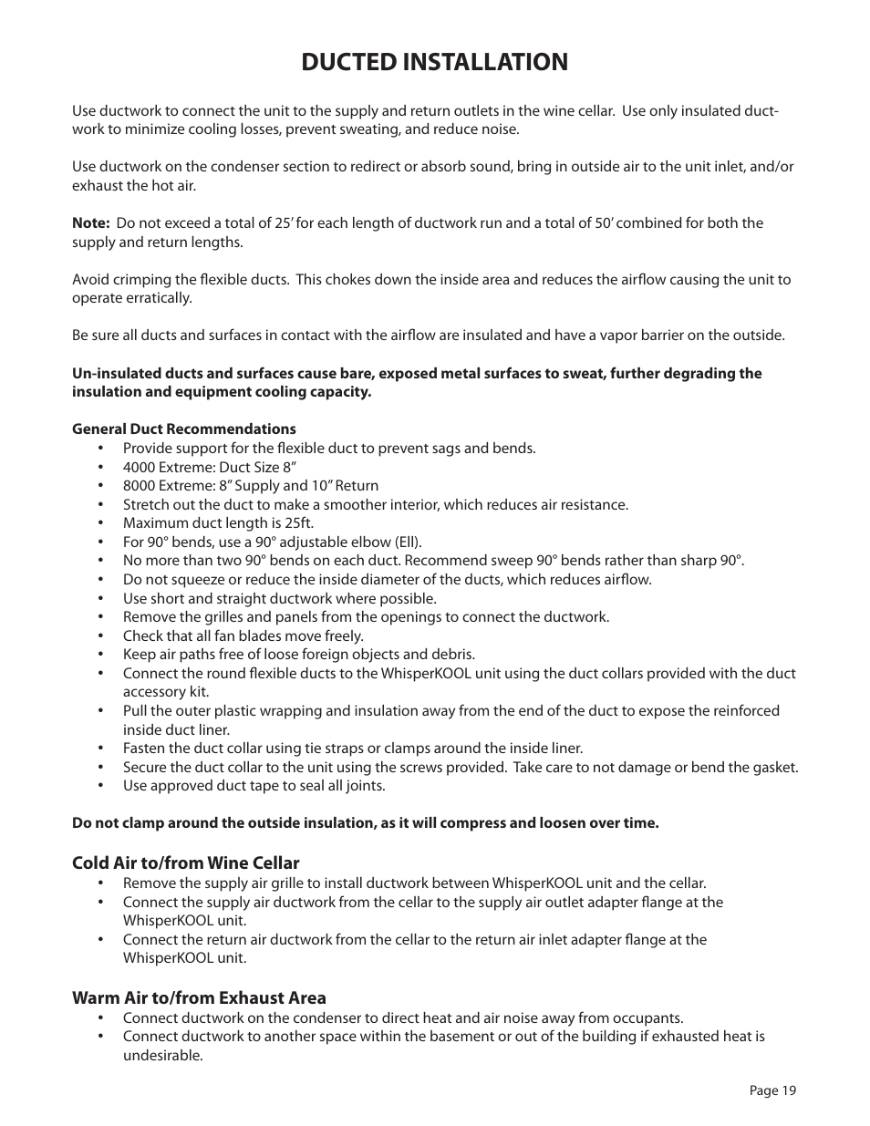 Ducted installation | WhisperKool PLATINUM 8000 User Manual | Page 19 / 39