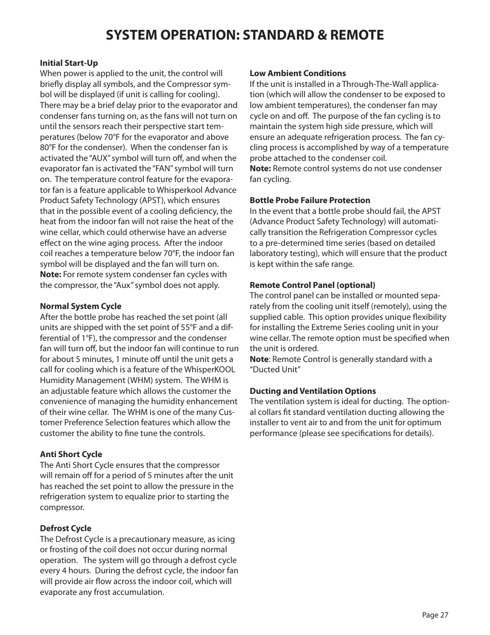System operation: standard & remote | WhisperKool PLATINUM 8000 User Manual | Page 27 / 39